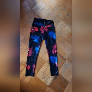 $70 Fabletics 7/8 length black royal blue floral print workout/running leggings